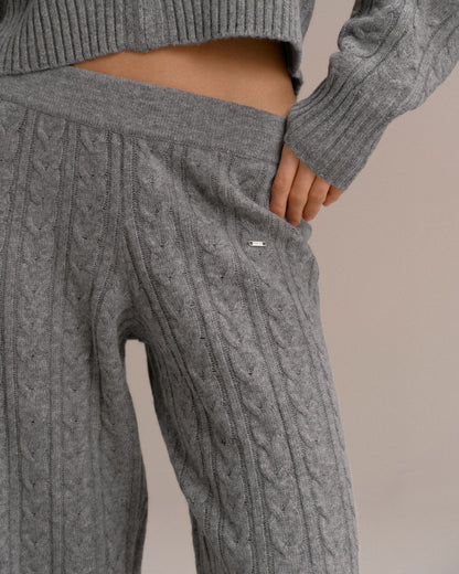 Cable Knit Straight Leg Trousers - Dark Grey Melange