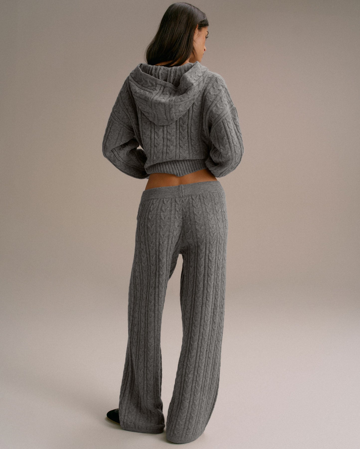 Cable Knit Straight Leg Trousers - Dark Grey Melange