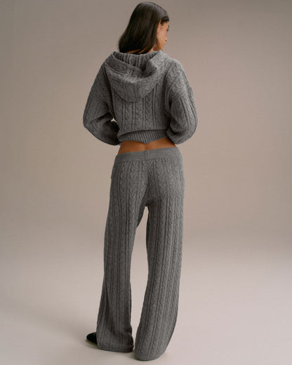 Cable Knit Straight Leg Trousers - Dark Grey Melange