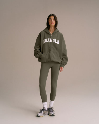 Varsity Oversized Full Zip Hoodie - Olive Green/Marshmallow White