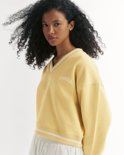 V Neck Contrast Sweatshirt - Butter Yellow/Marshmallow White