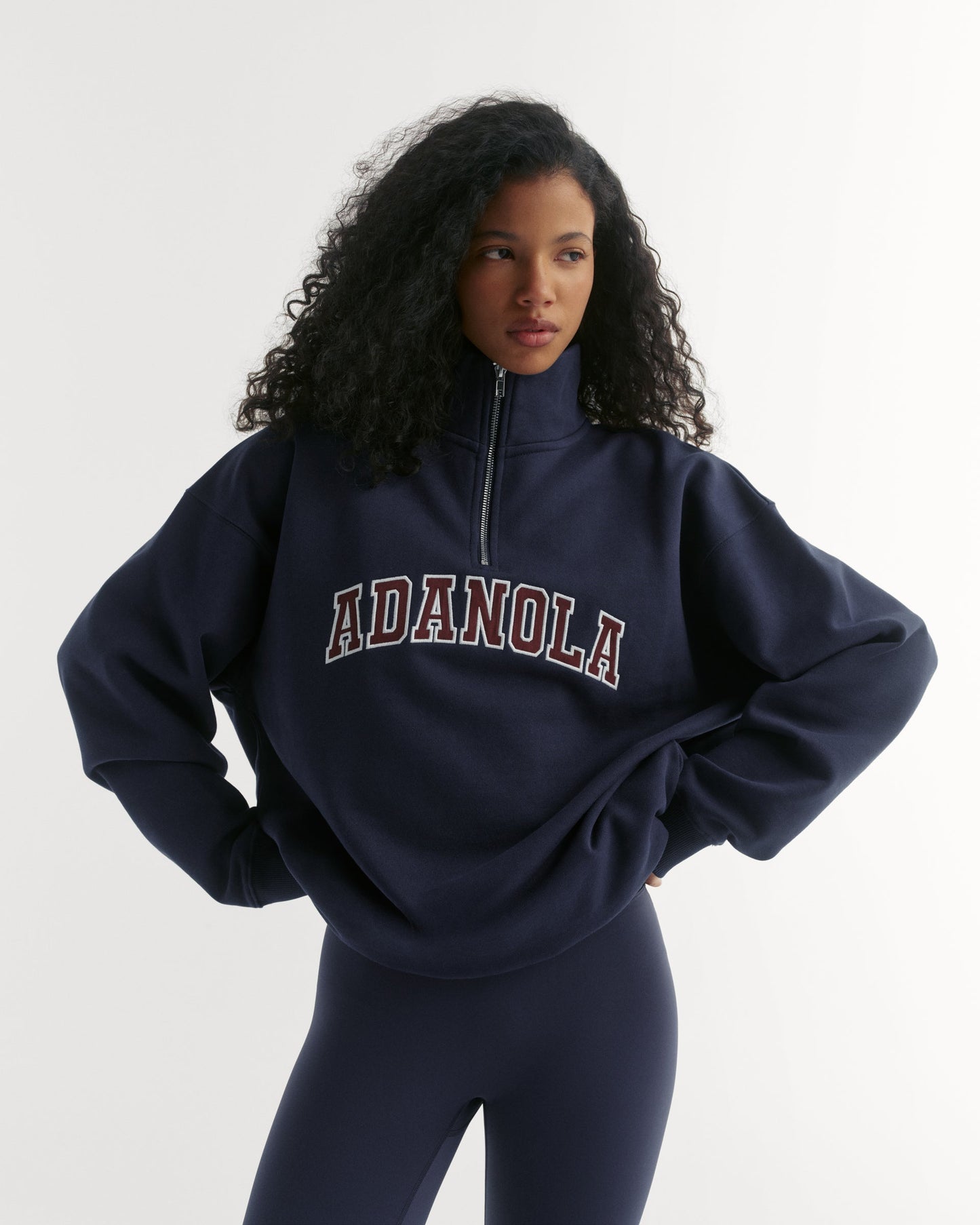 Varsity Relaxed Funnel Neck Zip Sweatshirt - Navy Blue/Mulberry Red