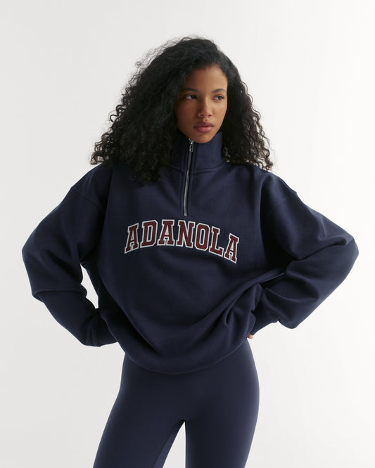 Varsity Relaxed Funnel Neck Zip Sweatshirt - Navy Blue/Mulberry Red