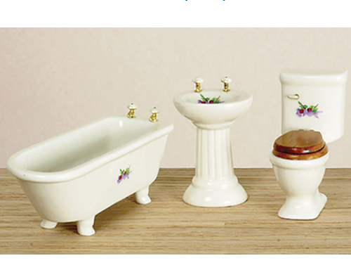 3-Piece Bathroom Set - Ceramic - Purple Floral Design - 1/12 Scale Miniature