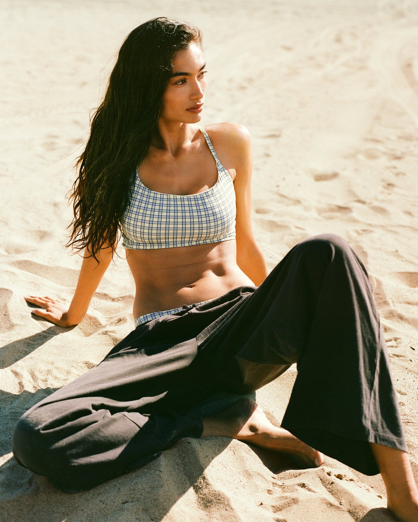 Checked Cross Back Tankini Top - Buttercream/Blossom Blue