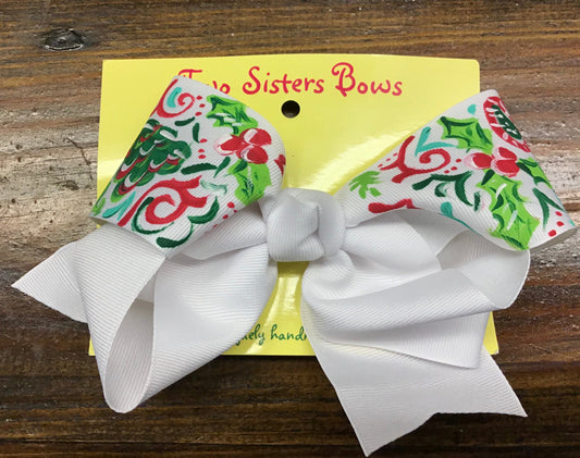 Christmas Tree & Holly -Handpainted White Hair bow - Choose 6â or 8â