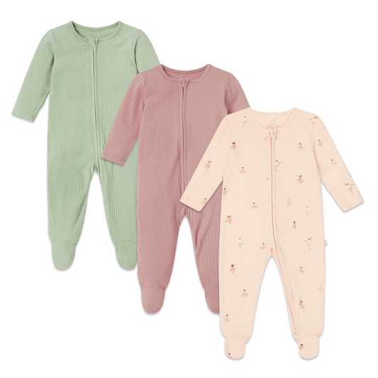 Ballerina & Ribbed Clever Zip Sleepsuit 3 Pack