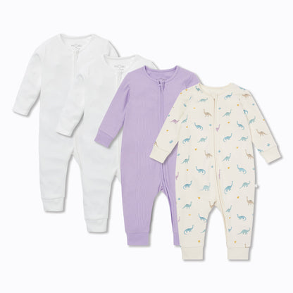 Dino & Ribbed Clever Zip Sleepsuit 4 Pack