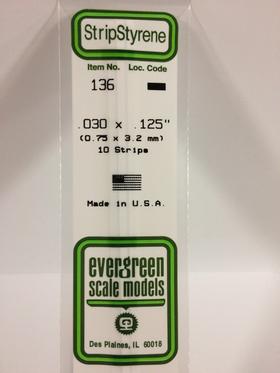 Evergreen .030" x .125" White Strip - Polystyrene - #136