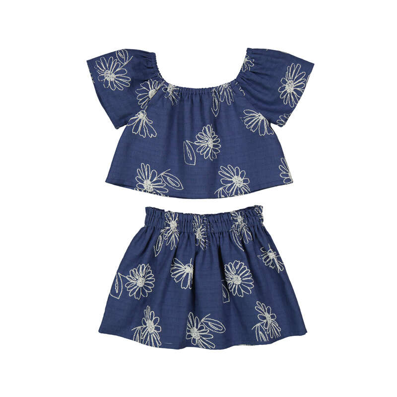 Blue w/White Floral Linen Top & Skirt Set - Select Size