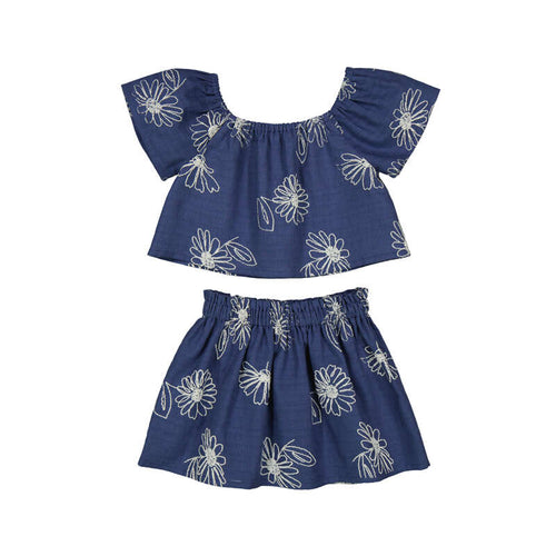 Blue w/White Floral Linen Top & Skirt Set - Select Size