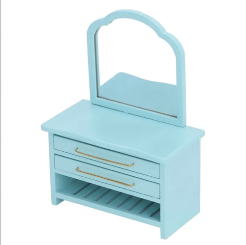 Blue Dressing Table with Mirror - 1/12 Scale Dollhouse Miniature