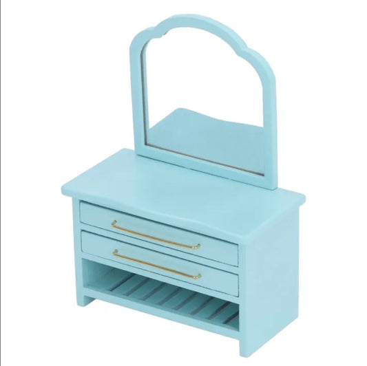 Blue Dressing Table with Mirror - 1/12 Scale Dollhouse Miniature