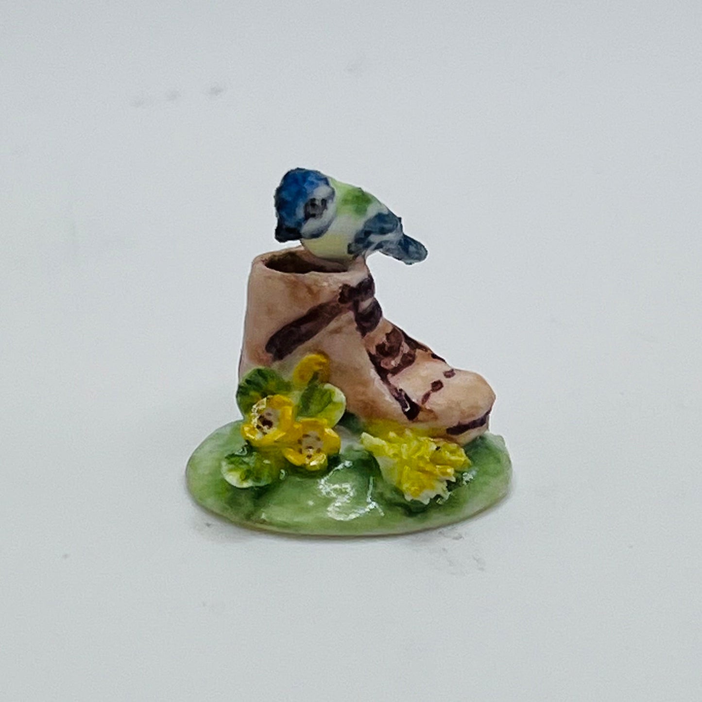 Blue Jay on a Boot by Anne Dalton - Porcelain - 1/12 Scale Dollhouse Miniature