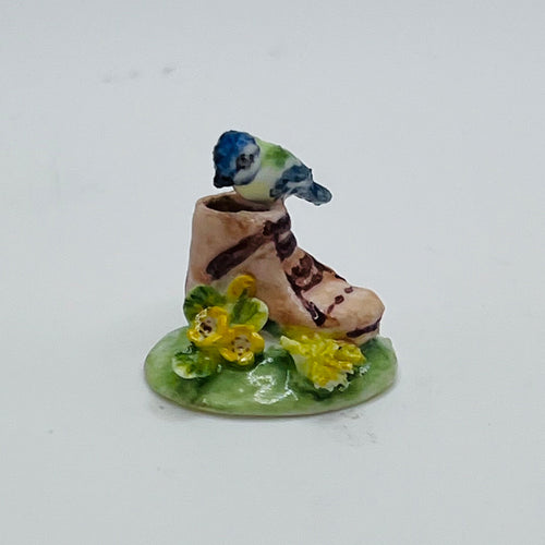 Blue Jay on a Boot by Anne Dalton - Porcelain - 1/12 Scale Dollhouse Miniature