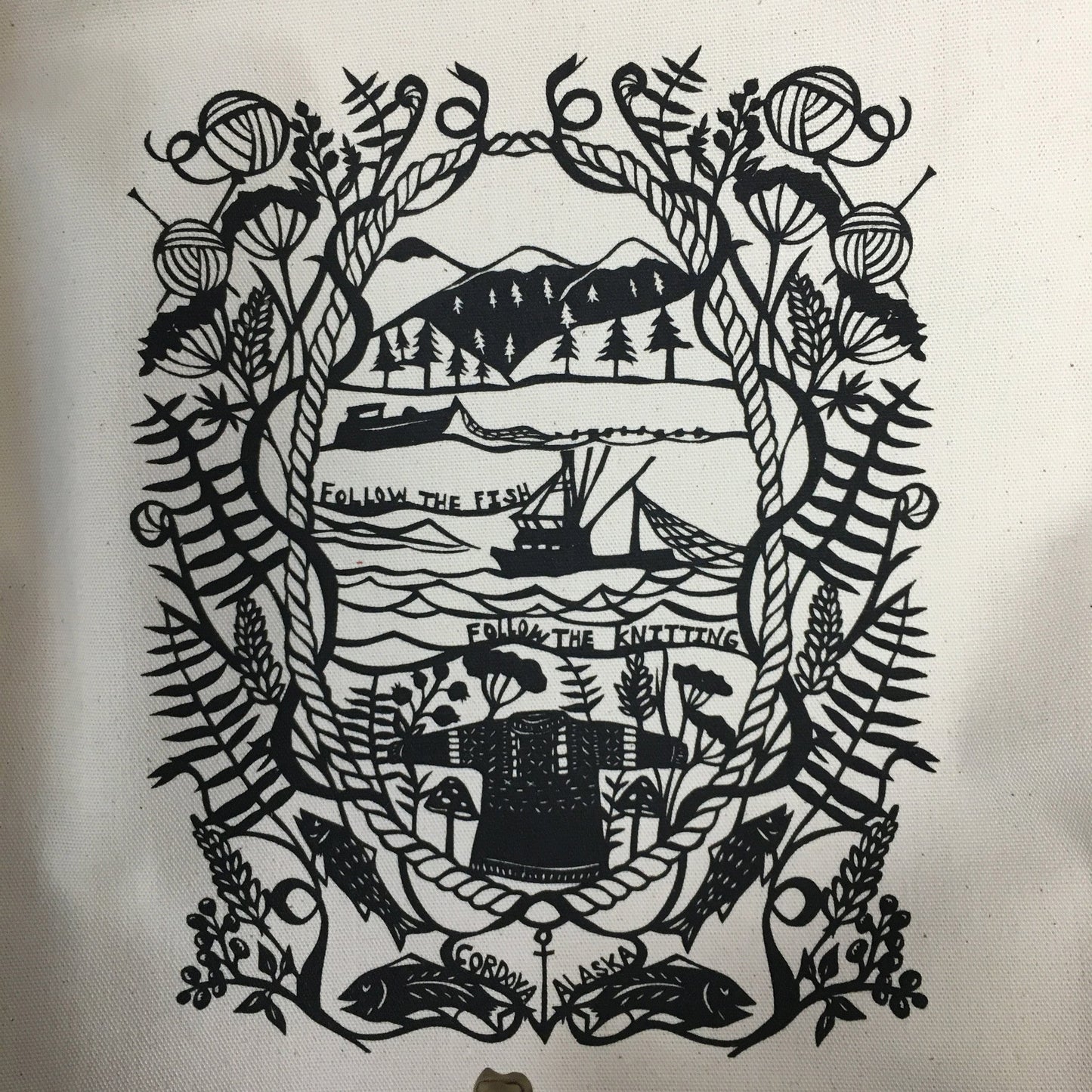Cordova, Alaska Gansey Papercut Organic Cotton Tote