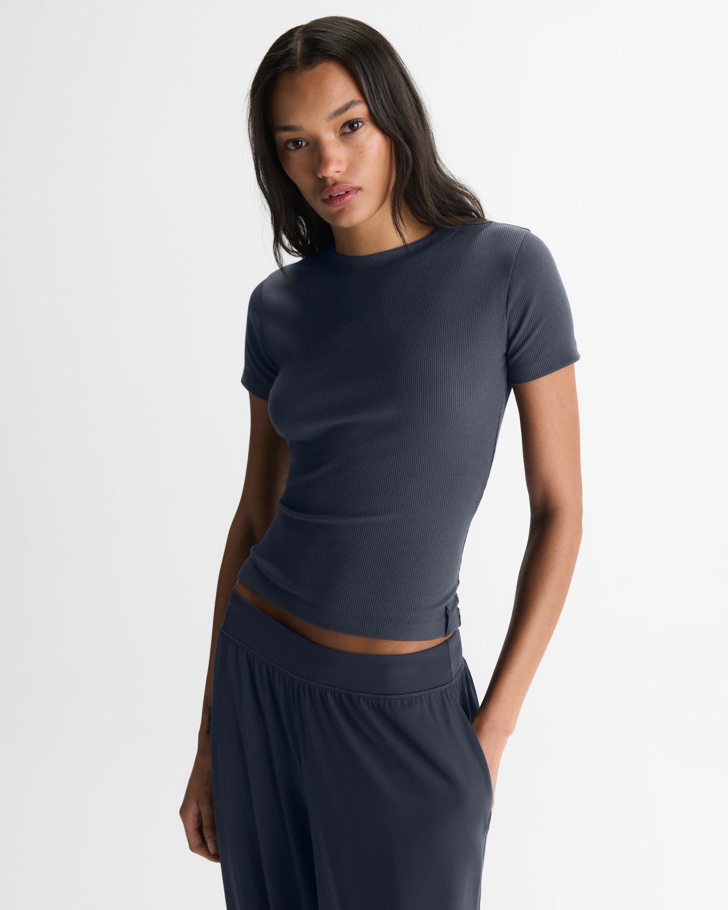 Modal Soft Rib Short Sleeve Top - Midnight Blue