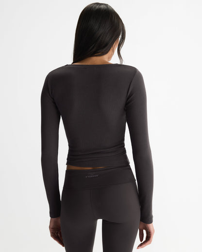 Modal Soft Rib Scoop Neck Long Sleeve Top - Coffee Bean
