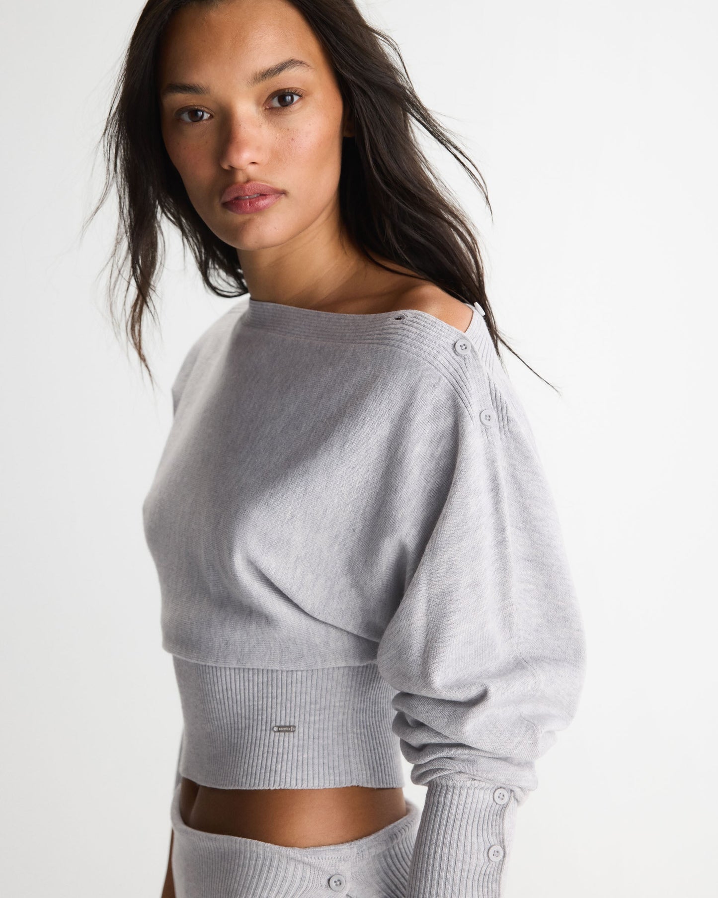 Knit Boat Neck Top - Light Grey Melange