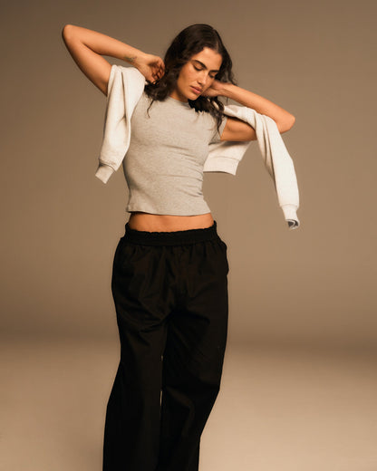 Rib Raglan Short Sleeve Top - Grey Melange