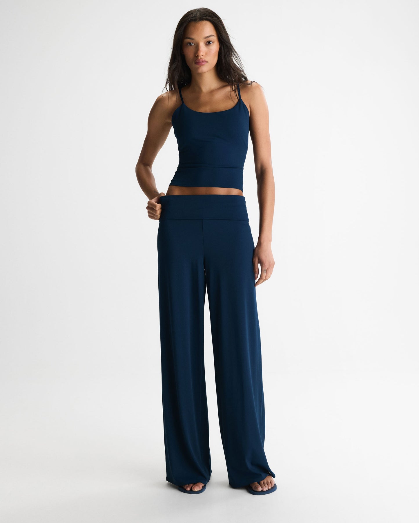 Fold Over Wide Leg Yoga Pants - Navy Blue