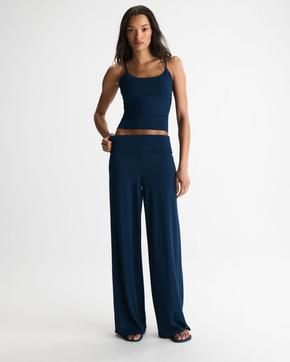 Fold Over Wide Leg Yoga Pants - Navy Blue