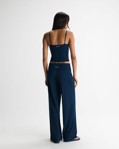 Fold Over Wide Leg Yoga Pants - Navy Blue
