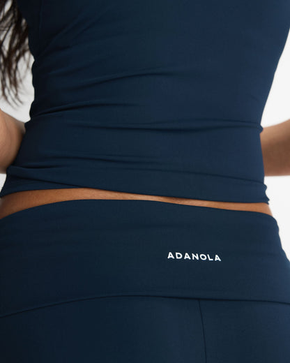 Fold Over Wide Leg Yoga Pants - Navy Blue