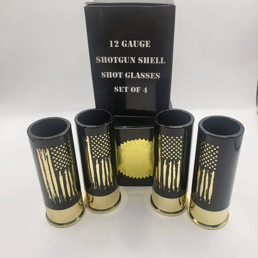 BlessingsHub 12-Gauge Elegance Vintage Shot Glass Set of 4 Unique Whiskey Glasses for Men Black Shot Glasses for Bar Bourbon Tequila Vodka and Party Drinks (Black Flag)