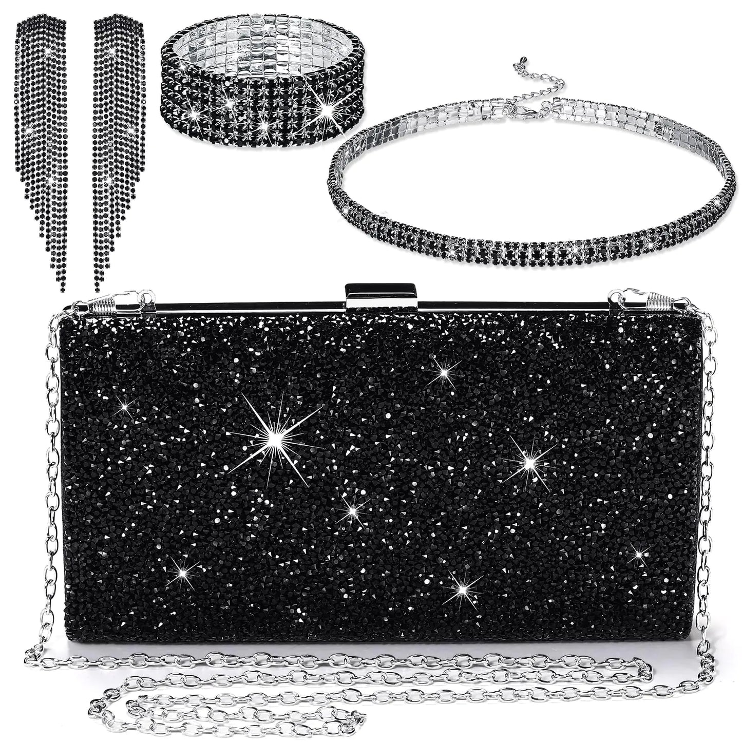 Jadive 4 Pcs Black Clutch Purse for Women Evening Bag Formal Rhinestone Clutch Bracelet Choker for Wedding Party Gift