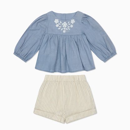 Floral Cotton Blouse & Striped Muslin Shorts Outfit