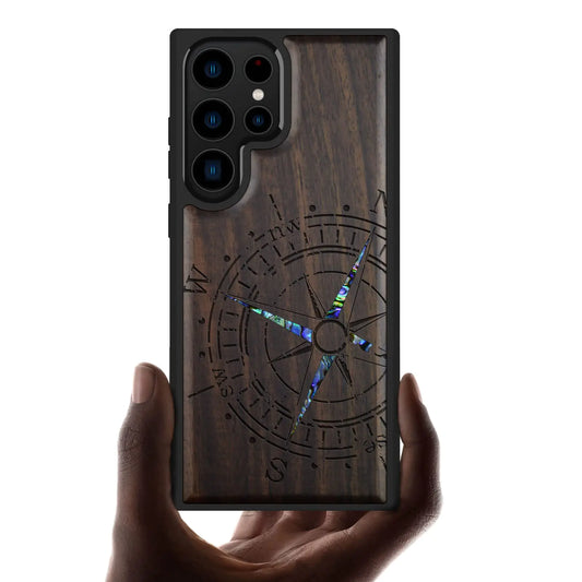 Carveit Designer Wooden Case for Samsung Galaxy S23 Ultra Case Cover [Wood Engraving & Shell Inlay] Unique Wood Phone Case Compatible with Wireless Chargers Galaxy S23 Ultra Case (Compass-Blackwood)