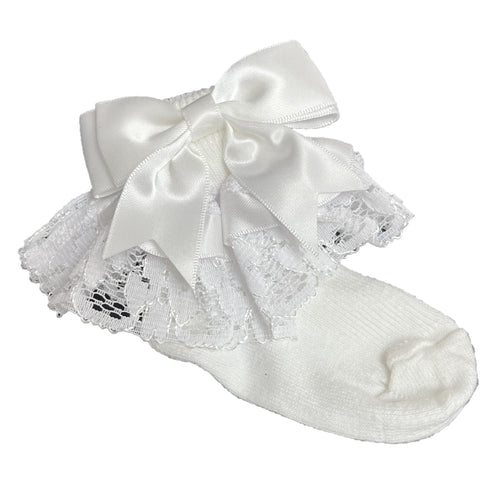 Baby Girls Ankle Socks with Bow and Lace - White