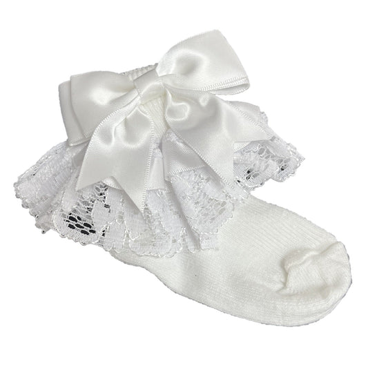 Baby Girls Ankle Socks with Bow and Lace - White