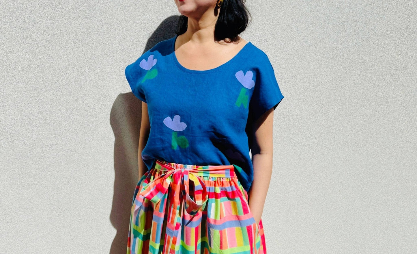 Blue flower linen top 