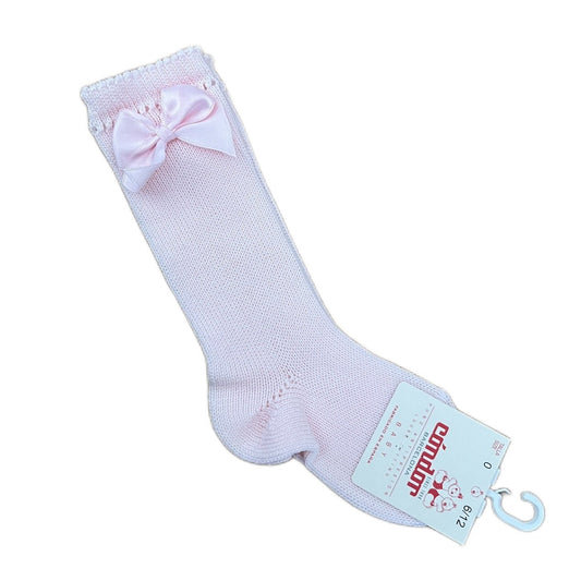 Cotton Long Socks with Bow - Baby Pink - 0-2.5 (6-12m)
