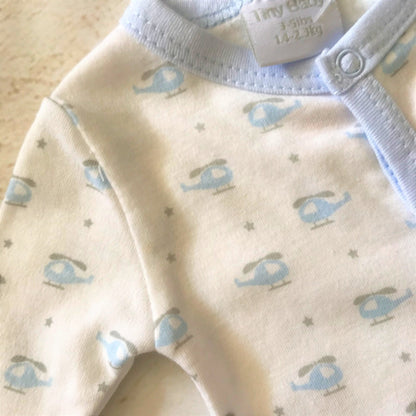Cute Little One White with Blue Helicopter Print Sleepsuit