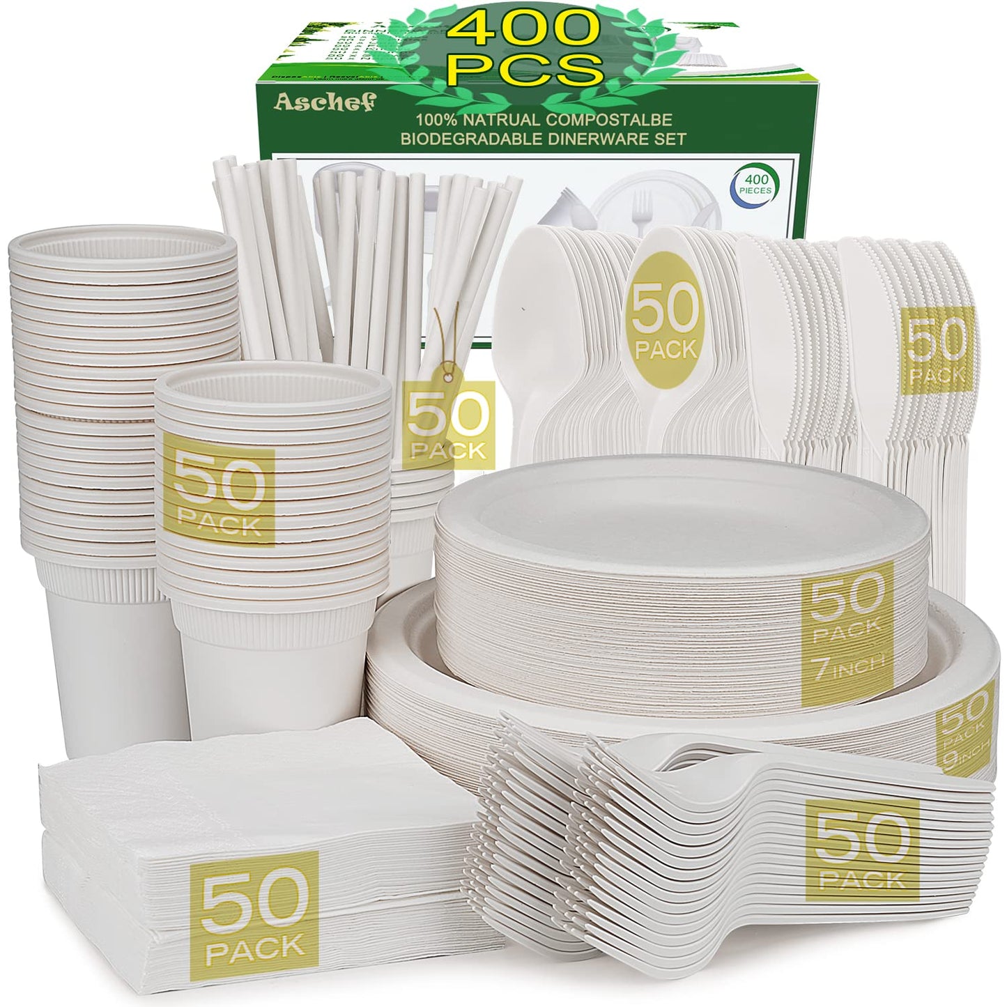 400pcs Eco-Friendly Disposable Paper Plates Bulk and Cups Napkins Cutlery Sets Non-Plastic Biodegradable Compostable Dinnerware for Dessert Dinner Birthday Party (50 Guest)