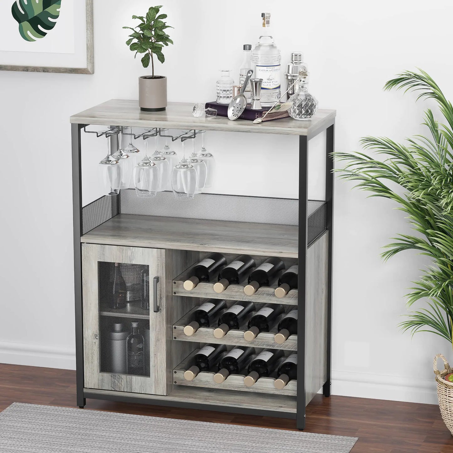 IDEALHOUSE 3-Tier Wine Bar Cabinet with Detachable Wine Rack and Storage Space Buffet Cabinet with Glass Holder and Mesh Door for Kitchen Living Room and Bar (Gray)