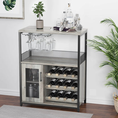 IDEALHOUSE 3-Tier Wine Bar Cabinet with Detachable Wine Rack and Storage Space Buffet Cabinet with Glass Holder and Mesh Door for Kitchen Living Room and Bar (Gray)