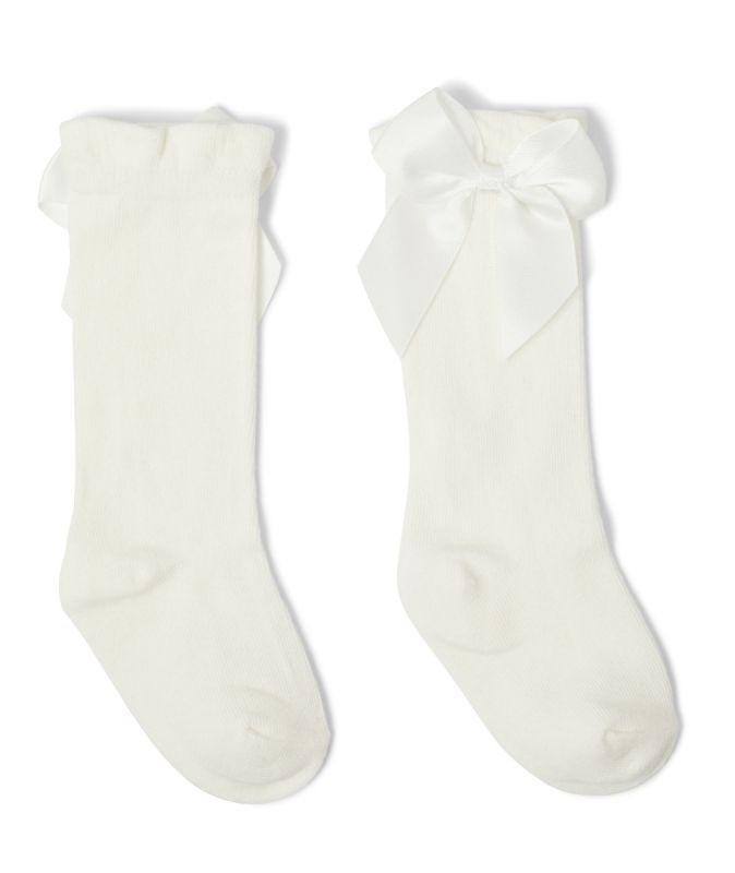 Girls Long Socks with Bow - White