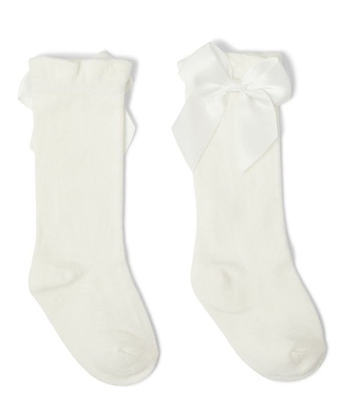Girls Long Socks with Bow - White