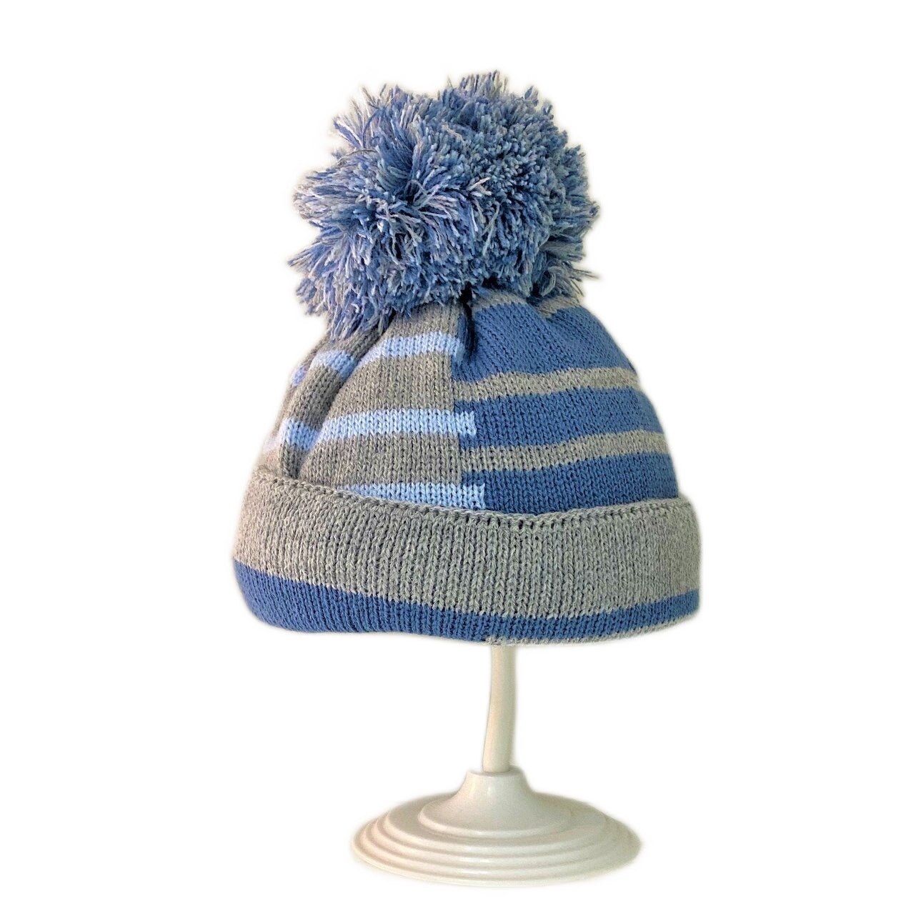 Grey and Blue Knitted Pom Pom Hat - 2-4y