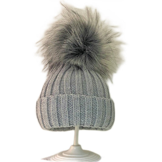 Grey Faux Fur Pom Pom Knitted Hat - 5-6y