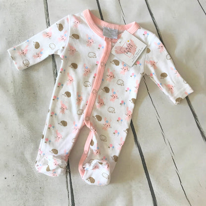 I Love Cuddles White with Pink Rabbit and Hedgehog Sleepsuit