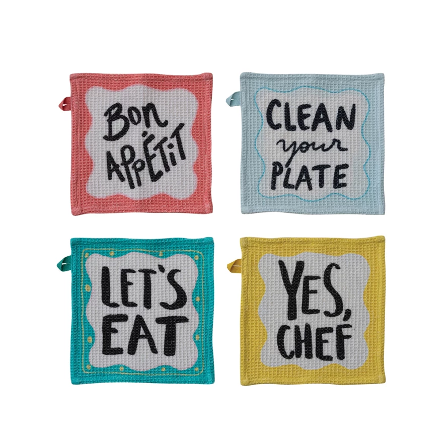 Cotton Waffle Weave Dish Cloth w/ Culinary Saying - Select Style