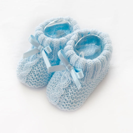 Pale Blue Knitted Booties with Satin Bow