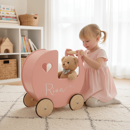 Personalised Wooden Dolls Pram - Pink, Red or White
