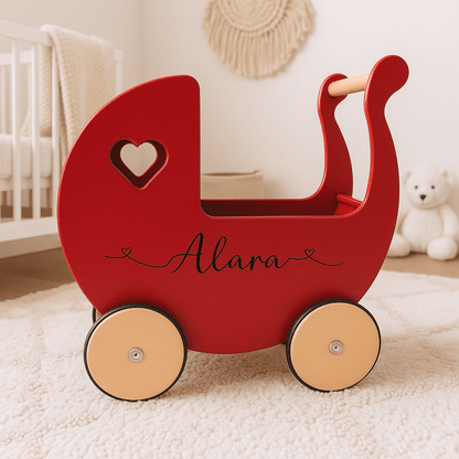 Personalised Wooden Dolls Pram - Pink, Red or White