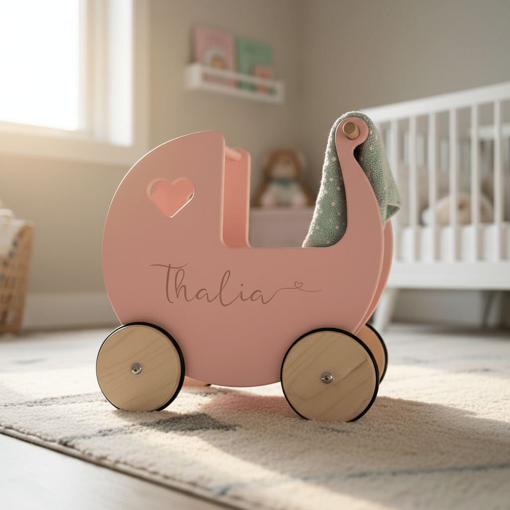 Personalised Wooden Dolls Pram - Pink, Red or White